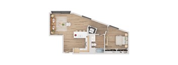 A top down view of a house with a kitchen, living room, and bathroom.