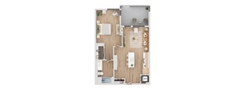 A floor plan of a house with a kitchen, living room, dining room, and bathrooms.