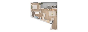 A top-down view of a modern kitchen and living room.