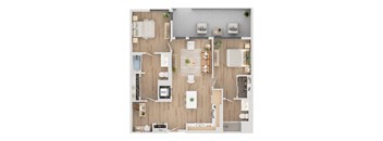 A top-down view of a well-organized apartment with a kitchen, living room, and bathroom.
