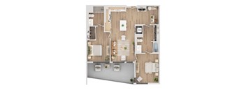 A top-down view of a house layout with a living room, kitchen, and two bathrooms.