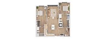 A top-down view of a well-organized apartment layout.