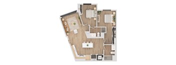 A top-down view of a well-organized apartment with a kitchen, living room, and bathroom.