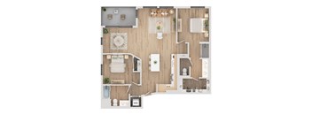 A top-down view of a well-organized apartment layout.