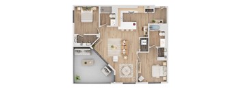 A top-down view of a well-organized apartment with a kitchen, living room, and bathroom.