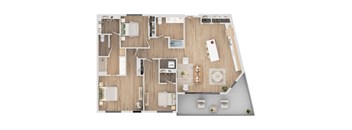 A top-down view of a house interior with a kitchen, living room, and dining area.