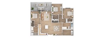 A top-down view of a well-organized apartment with a kitchen, living room, dining area, and bathroom.