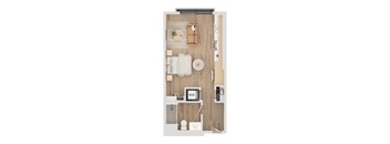 A top-down view of a small apartment with a kitchenette and a living area.