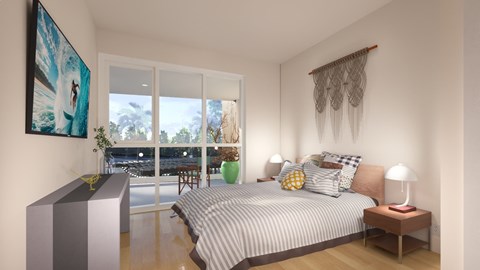 A bedroom with a bed, nightstand, and a painting on the wall.