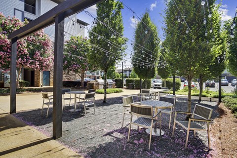 A patio with tables and chairs surrounded by trees.
