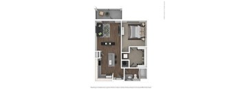 A floor plan of a small apartment with a kitchen, living room, and bathroom.