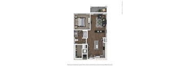 A floor plan of a small apartment with a kitchen, living room, and bathroom.