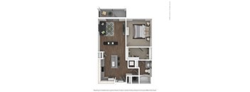 A 3D rendered image of a small apartment layout.