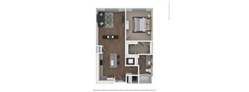 A floor plan of a small apartment with a kitchen, living room, and bathroom.