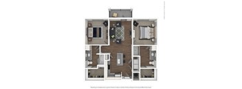 A floor plan of a small apartment with a kitchen, living room, and two bedrooms.