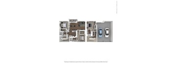 A floor plan of a house with a kitchen, living room, bedrooms and two garages.