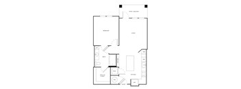 A floor plan of a home with a bedroom, bathroom, kitchen, living room, and a walk-in closet.