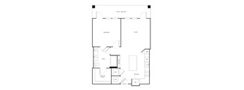 A floor plan of a house with a bedroom, living room, kitchen, and bathroom.
