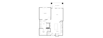 A floor plan of a small apartment with a bedroom, bathroom, kitchen, and living room.