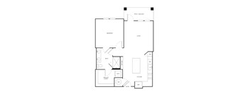 A floor plan of a home with a bedroom, bathroom, kitchen, and living room.