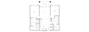 A black and white floor plan of a house with two bedrooms, a living room, a kitchen, a bathroom, a linen closet, a pan, a walk-in closet, a refrigerator, a sink,