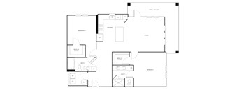 A floor plan of a house with two bedrooms, a living area, a kitchen, a bathroom, and an entry.
