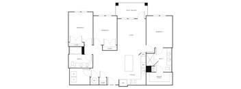 A black and white floor plan of a house with three bedrooms, two bathrooms, a kitchen, and an entry.