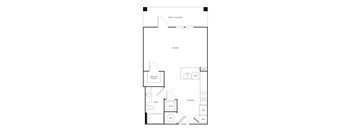 A floor plan of a house with a patio, studio, bathroom, kitchen, and walk-in closet.