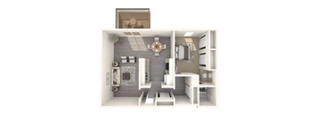a 3d floor plan of a modern apartment with a bedroom and living room
