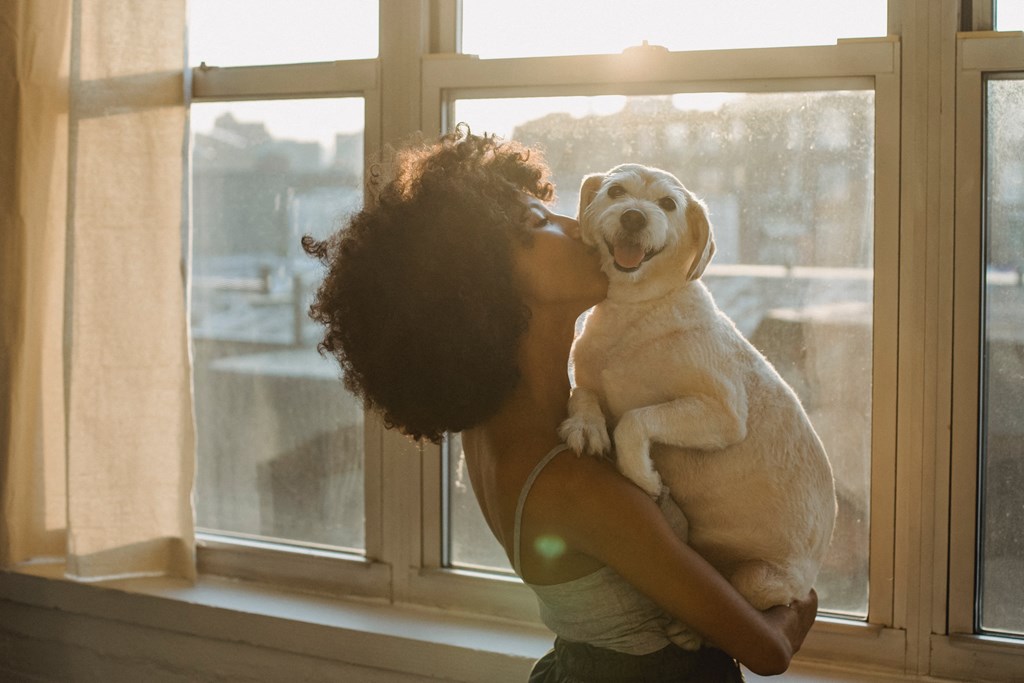 a woman holding a dog in front of a window