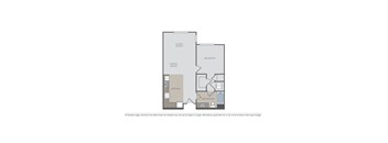 A floor plan of a small apartment with a living room, dining room, kitchen, bedroom, and bathroom.