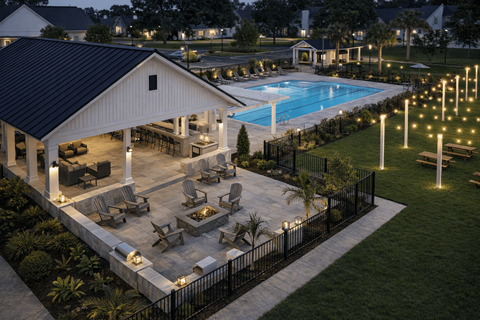 A pool area with a pavilion and lounge chairs.