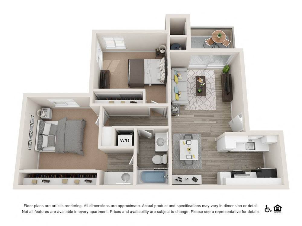 Two bedroom one bathroom 845 sq.ft. 2A floor plan at The Ashton, Corona, CA