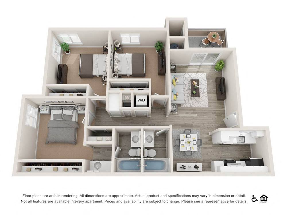 Three bedroom two bathroom 1,192 sq.ft. 3A floor plan at The Ashton, Corona, California