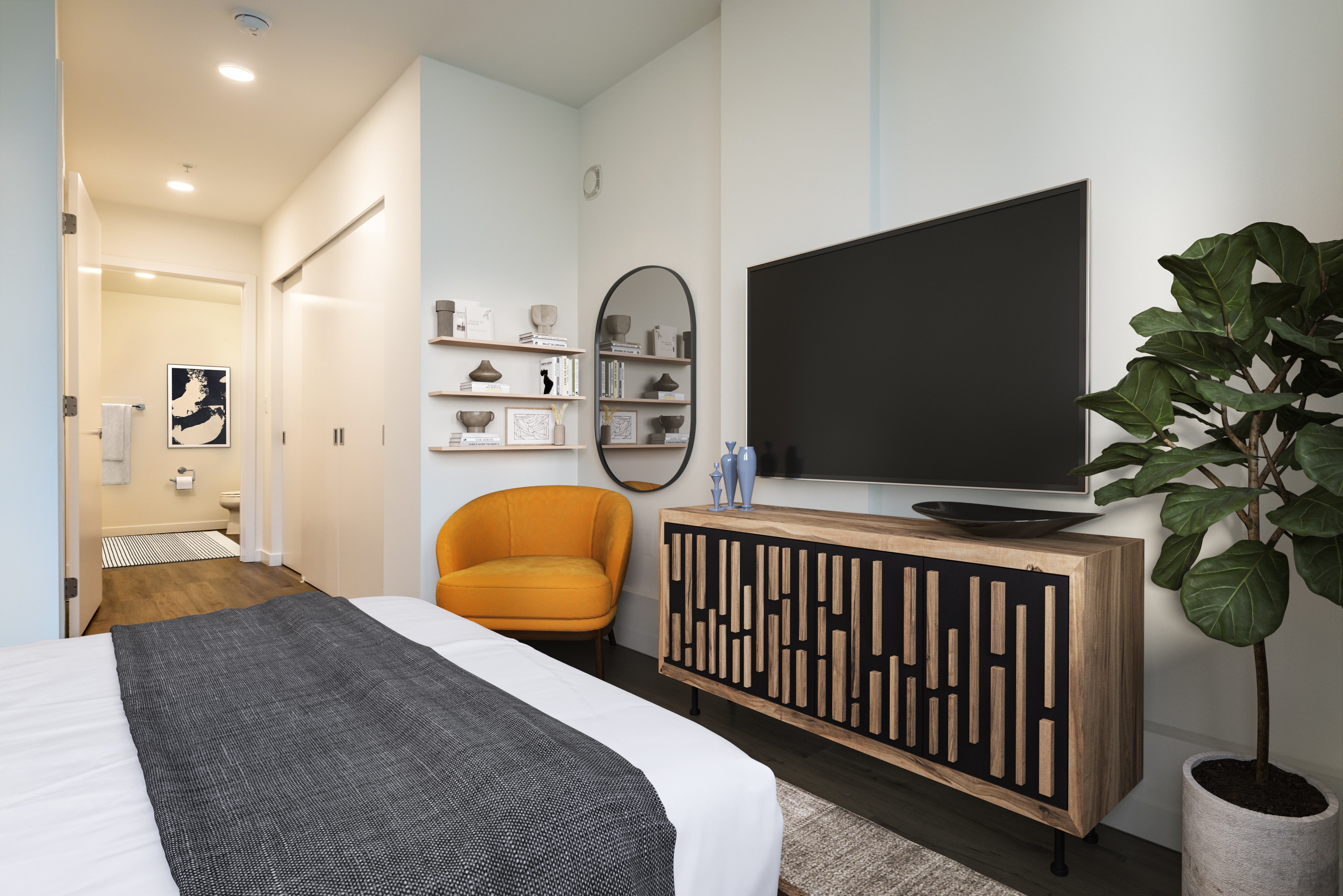 Modern Bedroom with TV at Axle, Seattle, 98119