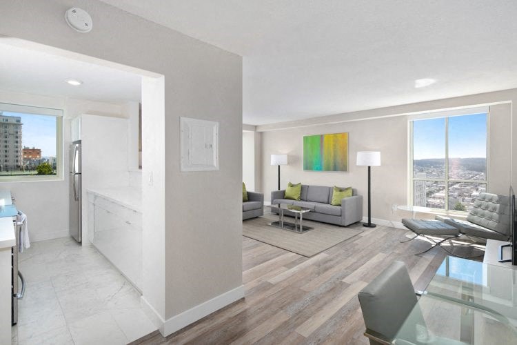 a living room with a couch and a table