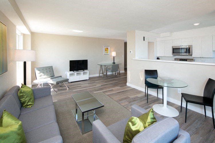 a living room with couches a table and chairs and a television
