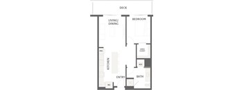 A floor plan of a small apartment with a kitchen, living room, dining room, bedroom, bathroom, and entry.