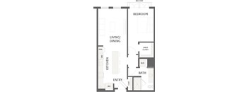 A floor plan of a balcony, bedroom, living/dining area, kitchen, bathroom, and entry.