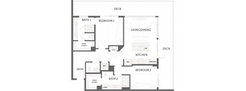 A floor plan of a house with two bedrooms, two bathrooms, a kitchen, a living room, and two closets.