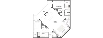 A floor plan of a house with two bedrooms, two bathrooms, a deck, a living/dining area, a kitchen, and an entry.