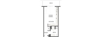 A floor plan of a small apartment with a kitchen, living room and bathroom.