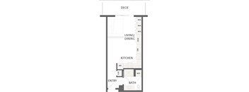 A floor plan of a house with a kitchen, bathroom and living room.