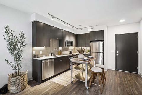 A modern kitchen with dark wood cabinets and stainless steel appliances.