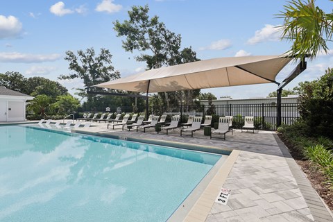 A pool with a canopy and chairs around it.