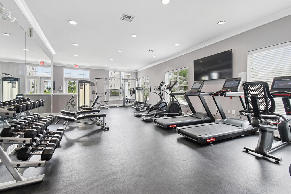 A spacious gym with a variety of equipment including treadmills, stationary bikes, and weight machines.