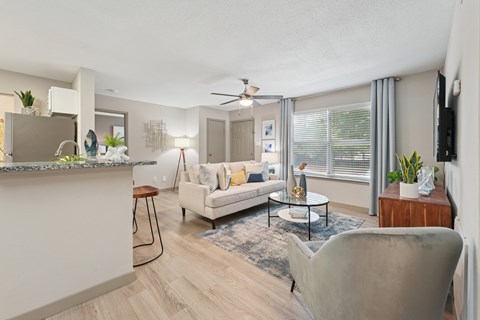 A living room with a white couch, a grey armchair, a bar area, and a rug.