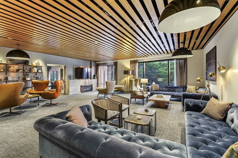 a living room with couches and chairs and a fireplace