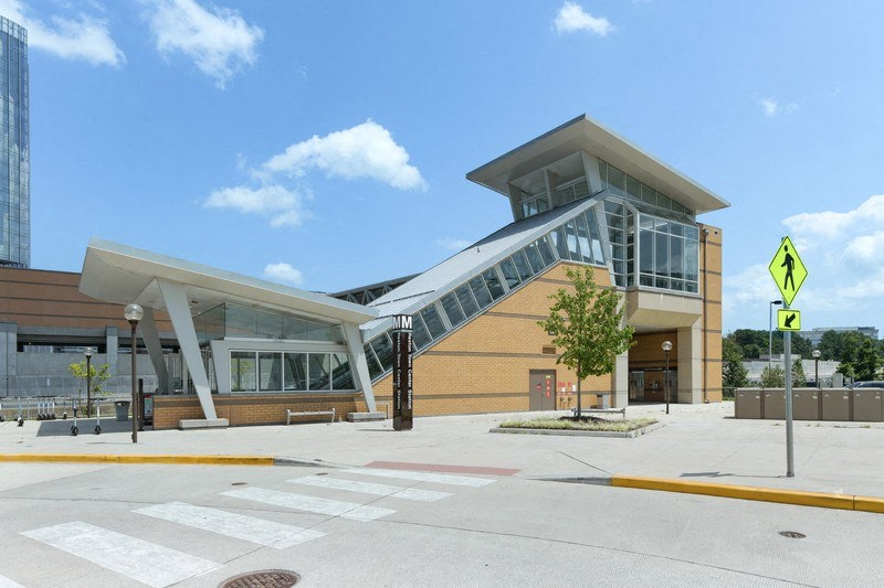 a building with an escalator in front of it