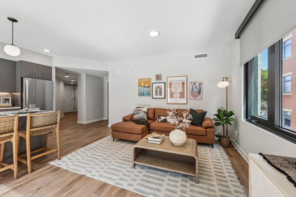A modern living room with a brown sofa and a grey rug.